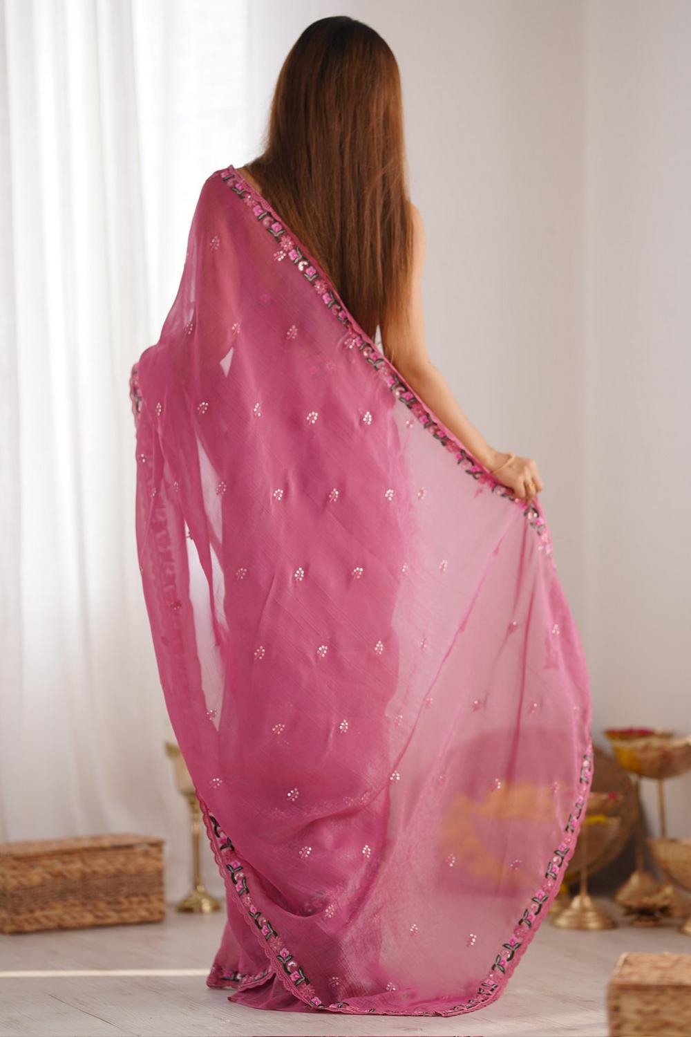 Mira Pink Paper Silk Embroidered Ready to Wear One Minute Saree