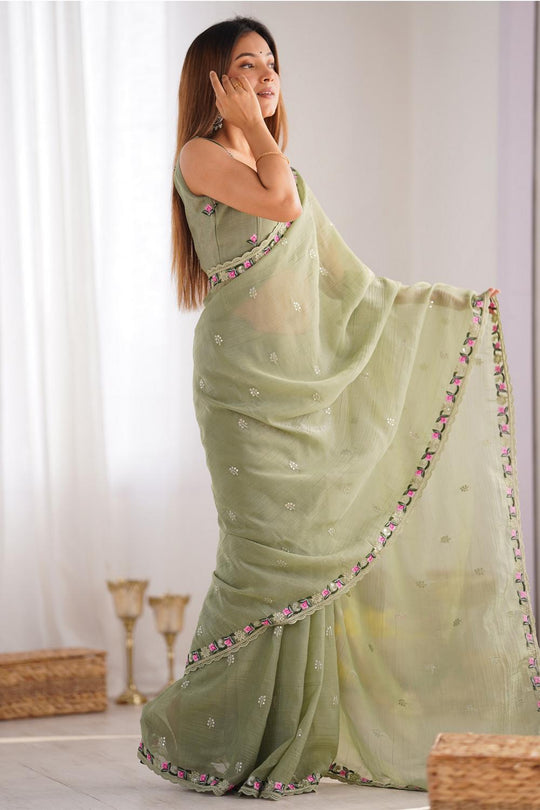 Buy Kesari Light Green Paper Silk Embroidered Ready to Wear One Minute Saree