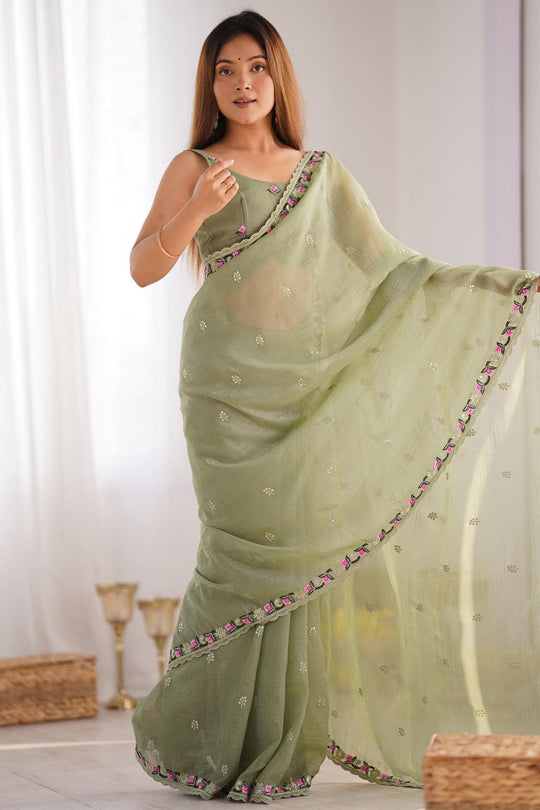 Mira Light Green Paper Silk Embroidered Ready to Wear One Minute Saree