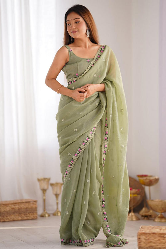 Mira Light Green Paper Silk Embroidered Ready to Wear One Minute Saree