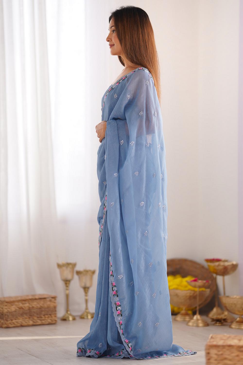 Mira Blue Paper Silk Embroidered Ready to Wear One Minute Saree