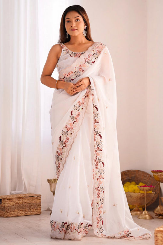 Kara White Organza Embellished Ready to Wear One Minute Saree