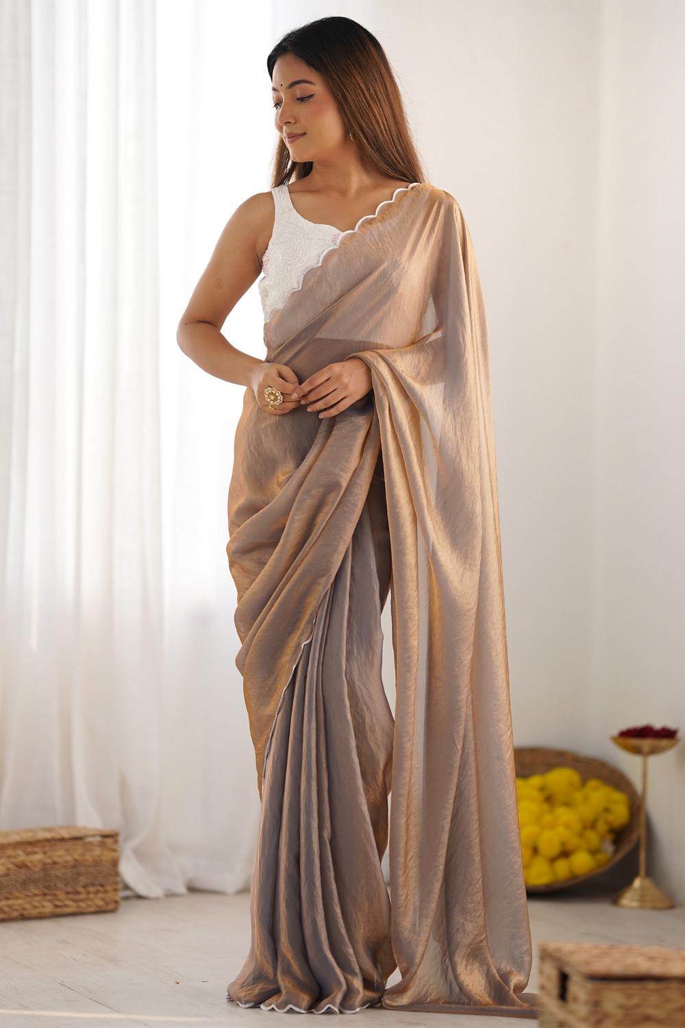 Anika Bronze Satin Silk Solid Ready to Wear One Minute Saree
