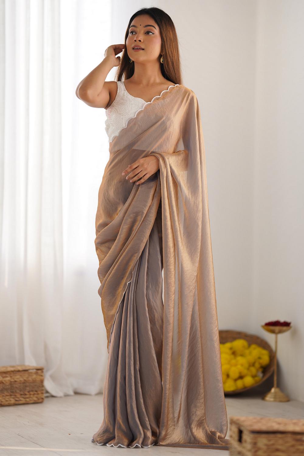 Anika Bronze Satin Silk Solid Ready to Wear One Minute Saree