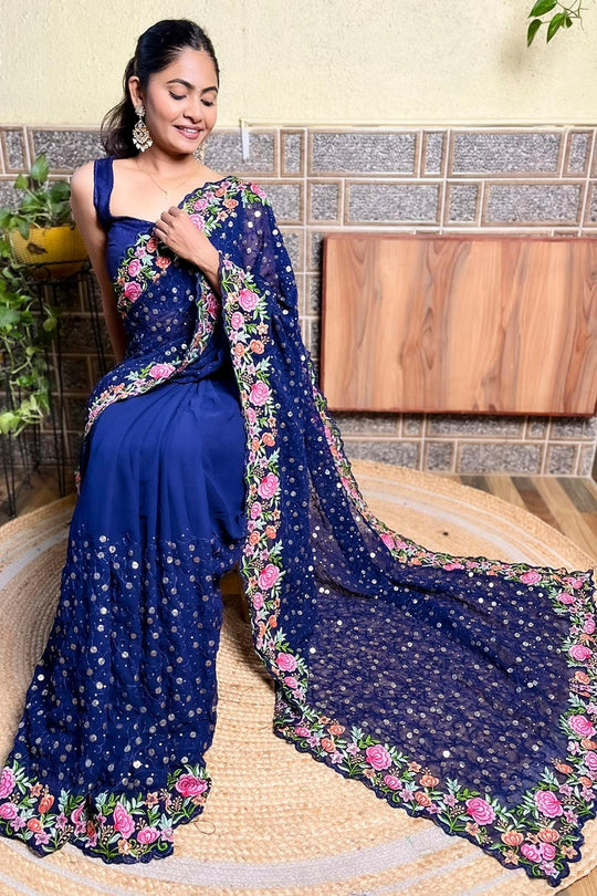 Rishi Navy Blue Georgette Floral Embellished Ready to Wear Saree