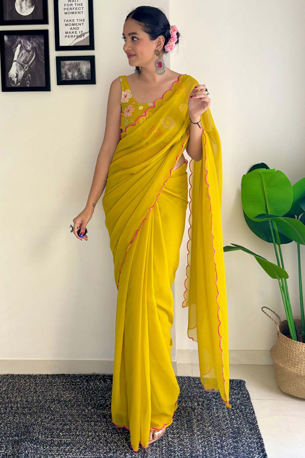 Keisha Mustard Yellow Georgette Sequins One Minute Saree