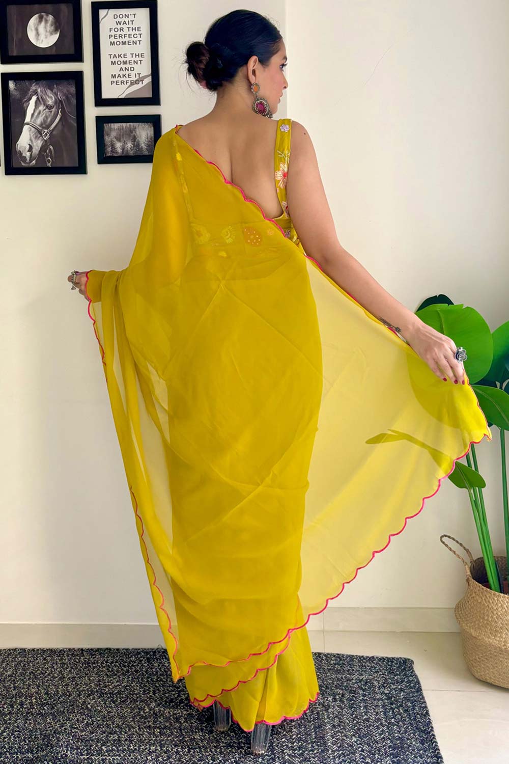 Keisha Mustard Yellow Georgette Sequins One Minute Saree