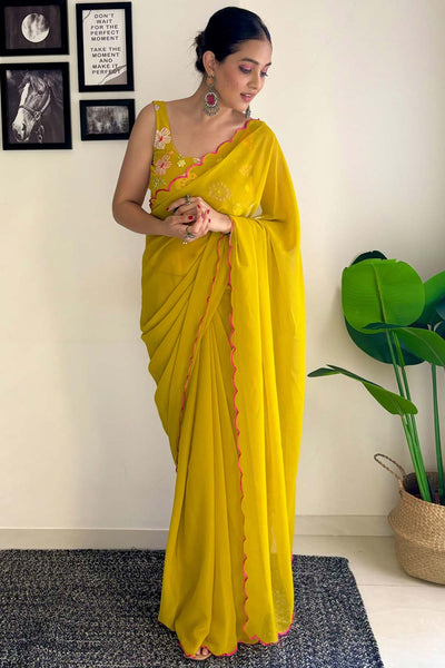 Keisha Mustard Yellow Georgette Sequins One Minute Saree