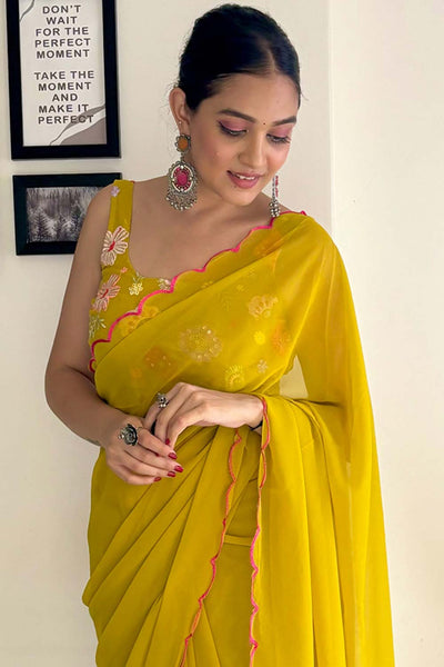 Keisha Mustard Yellow Georgette Sequins One Minute Saree