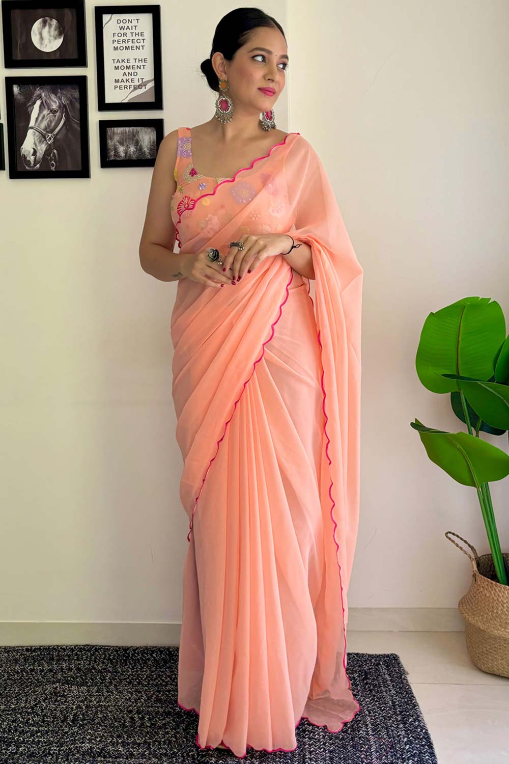 Keisha Peach Georgette Sequins One Minute Saree