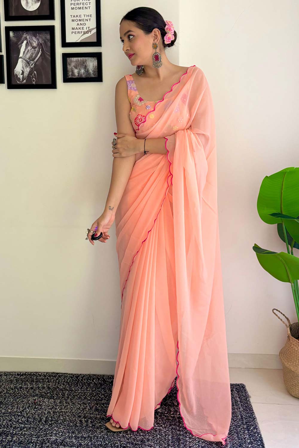 Keisha Peach Georgette Sequins One Minute Saree