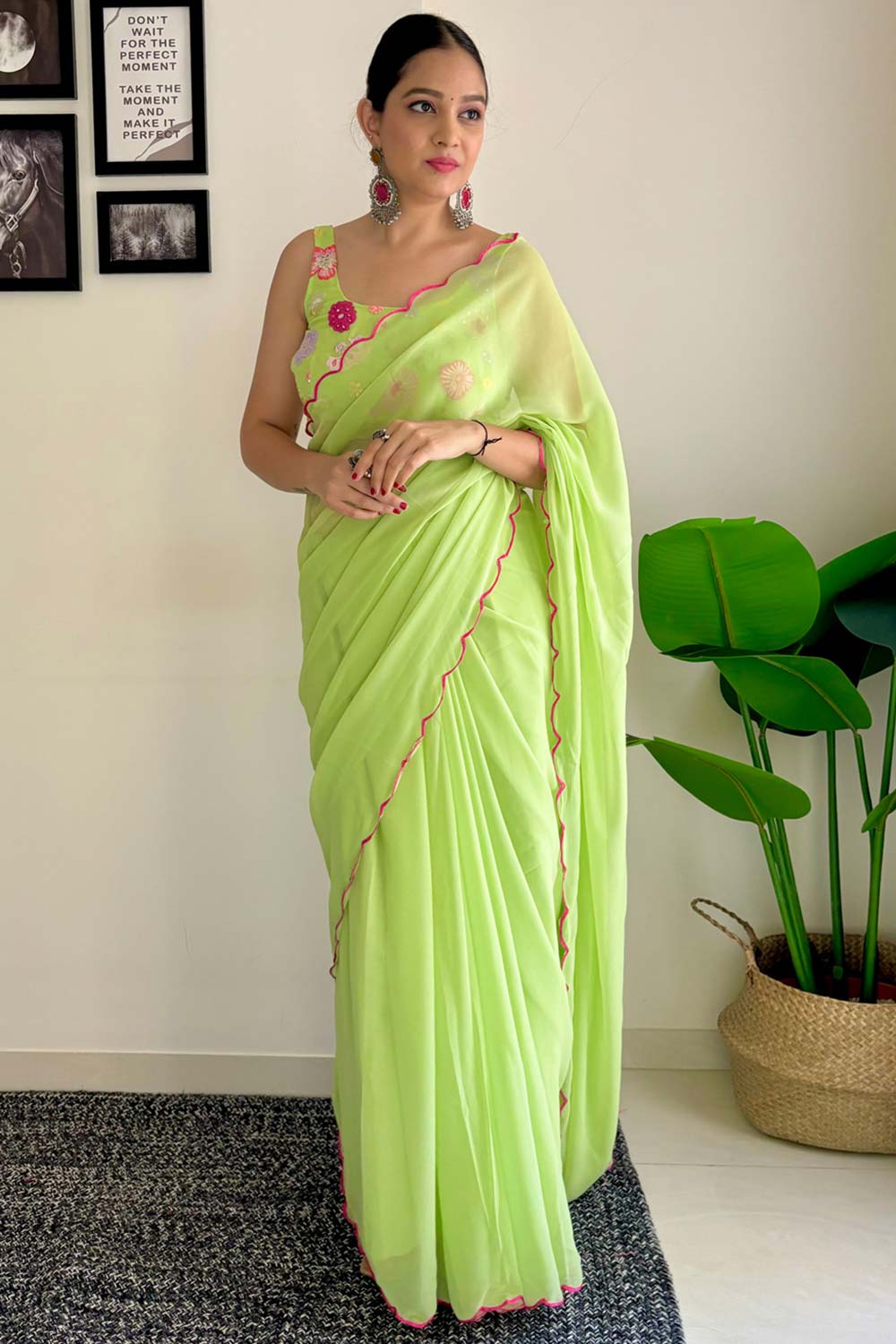 Keisha Lime Green Georgette Sequins One Minute Saree