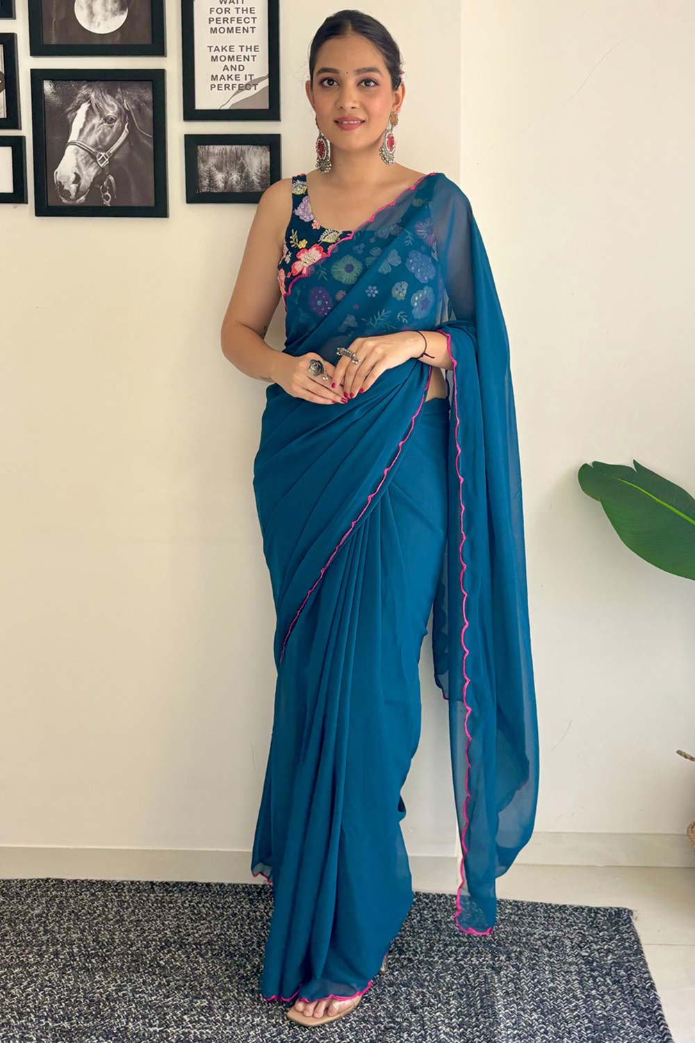 Keisha Turquoise Georgette Sequins One Minute Saree