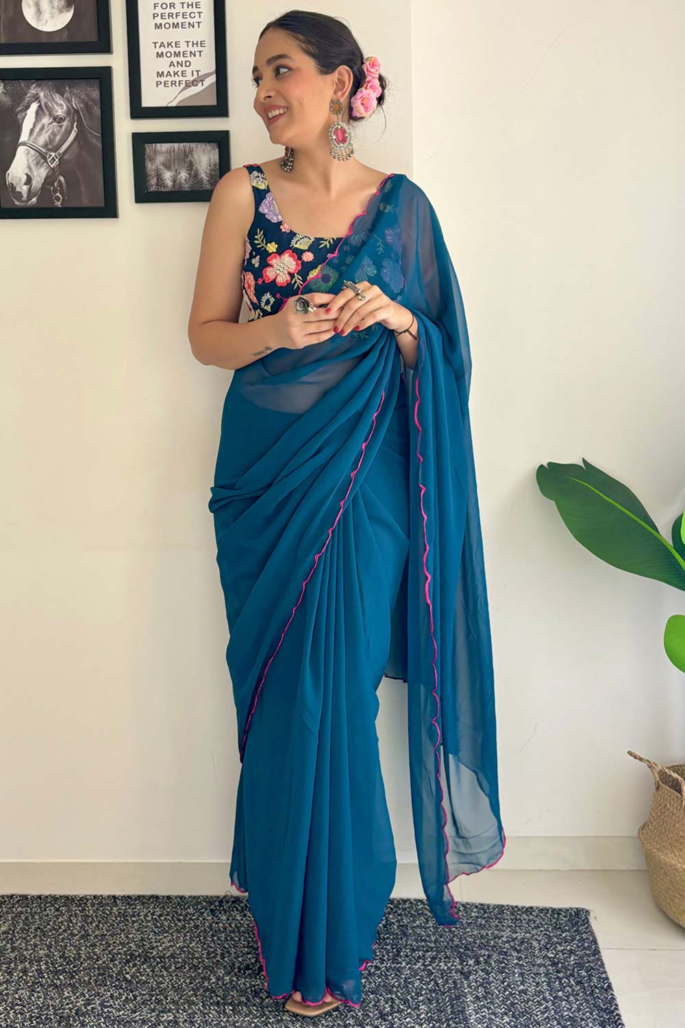 Keisha Turquoise Georgette Sequins One Minute Saree