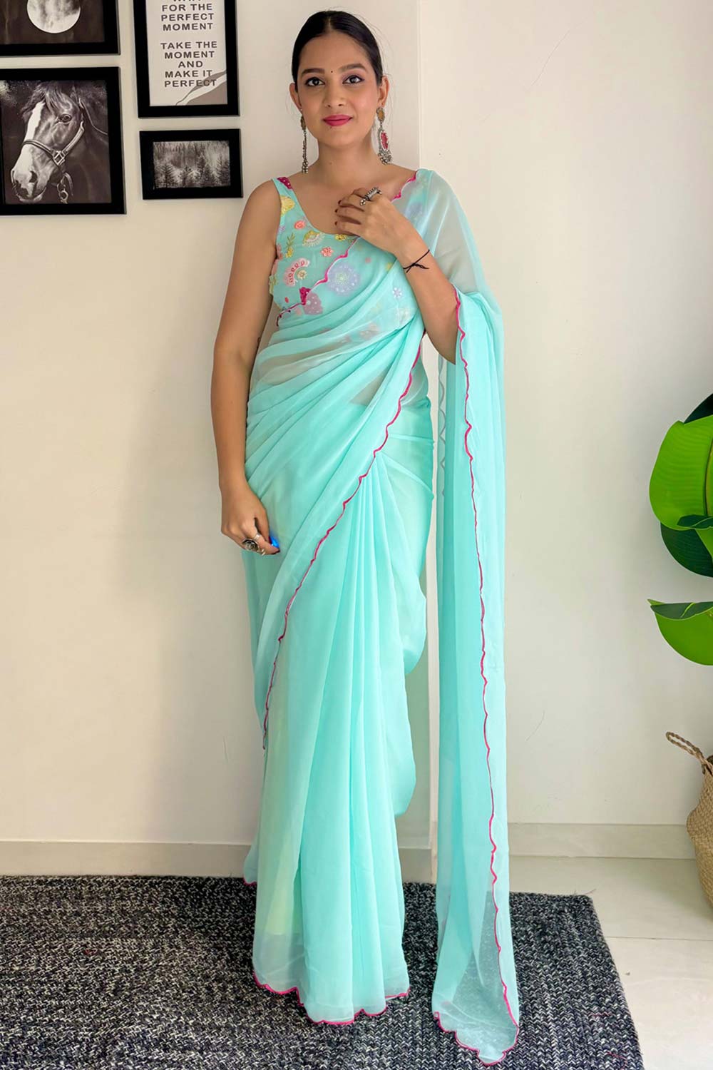 Keisha Aqua Blue Georgette Sequins One Minute Saree