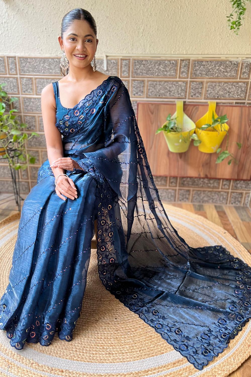 Kara Navy Blue Organza Embellished Ready to Wear One Minute Saree