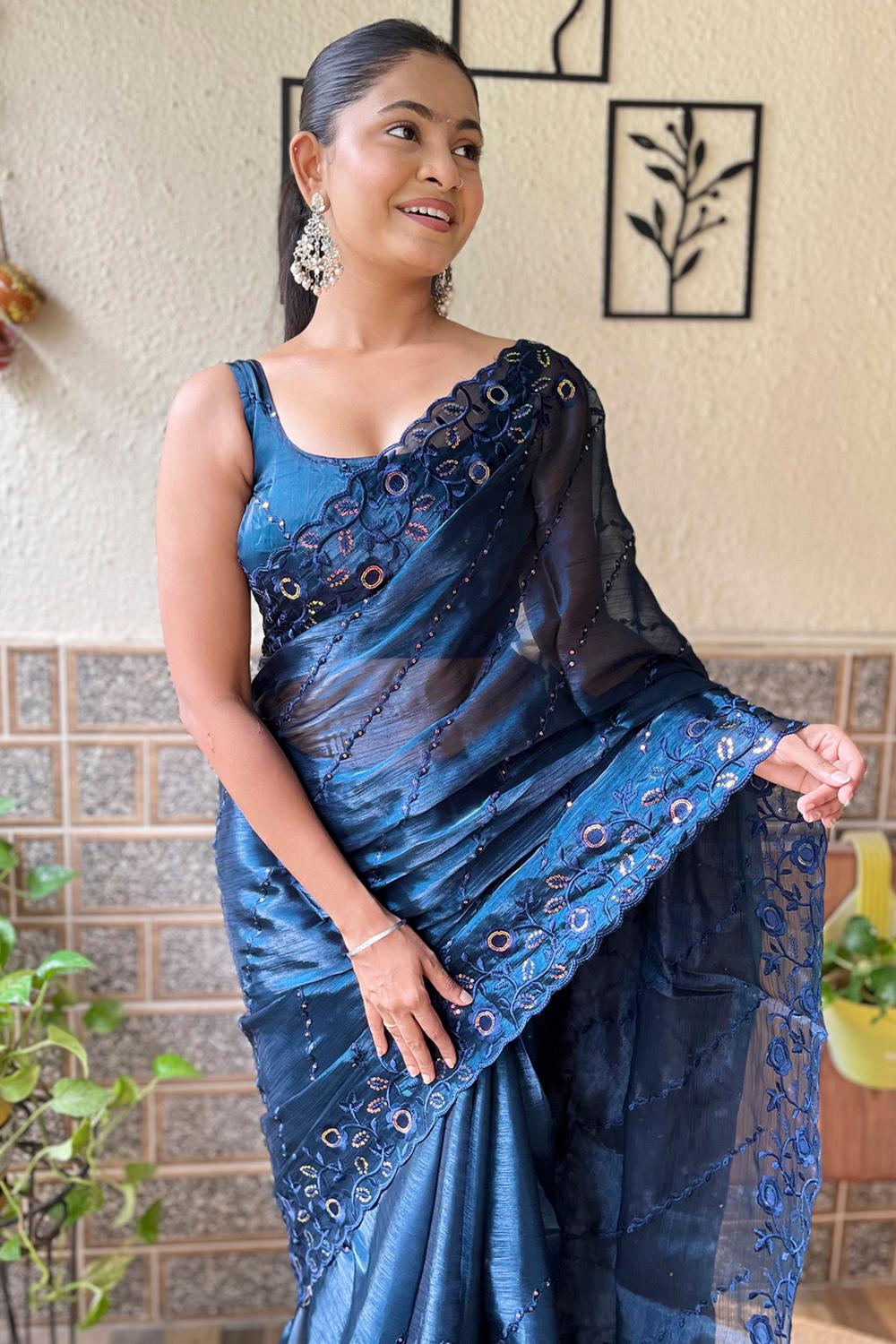 Kara Navy Blue Organza Embellished Ready to Wear One Minute Saree
