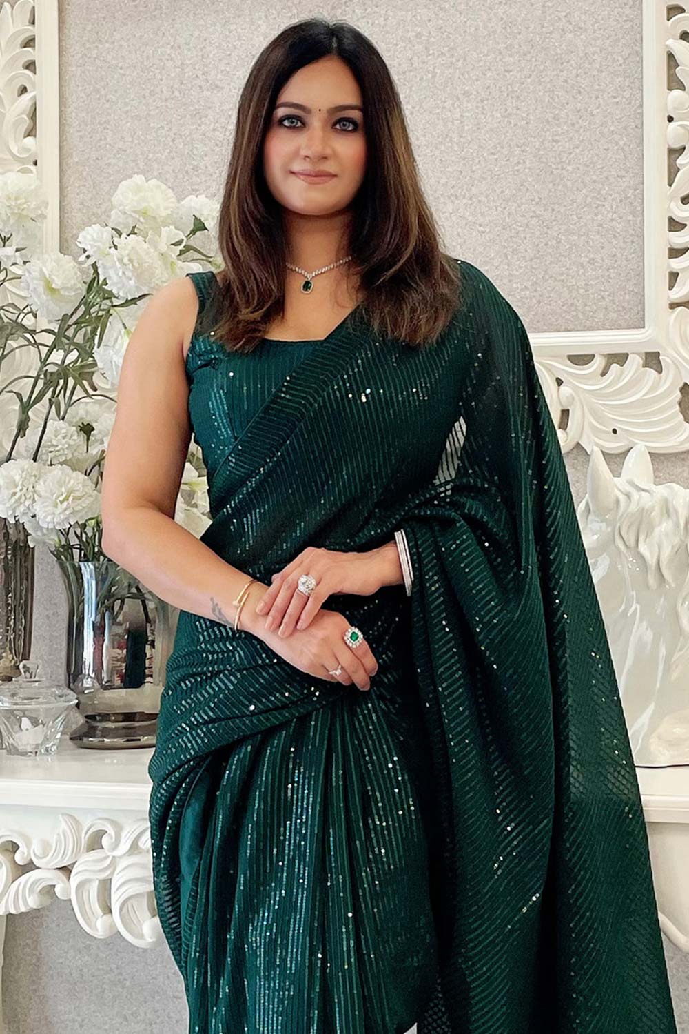 Frida Green Georgette Sequins Embellished Designer One Minute Saree