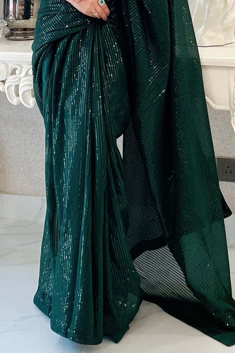 Frida Green Georgette Sequins Embellished Designer One Minute Saree