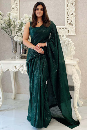 Frida Green Georgette Sequins Embellished Designer One Minute Saree
