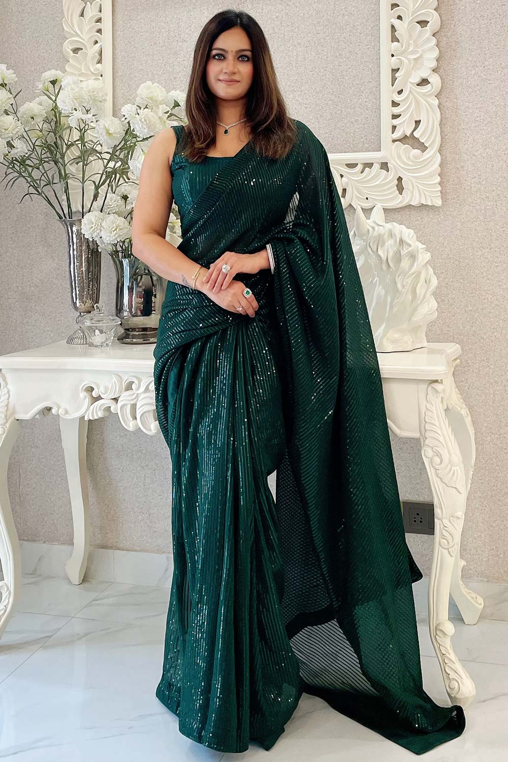 Frida Green Georgette Sequins Embellished Designer One Minute Saree