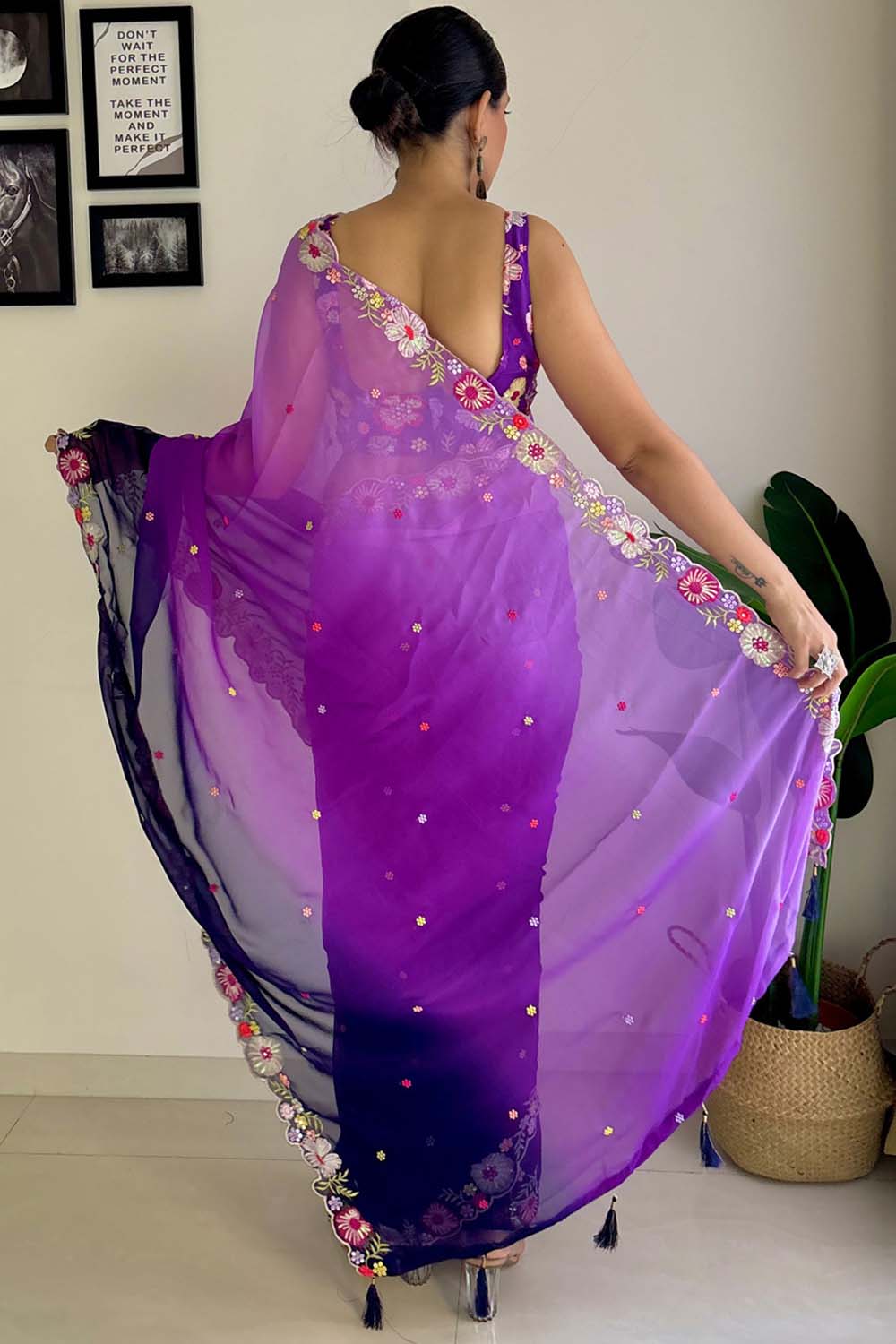 Purple Georgette Embellished Designer Saree One Minute Saree – Ready to Wear