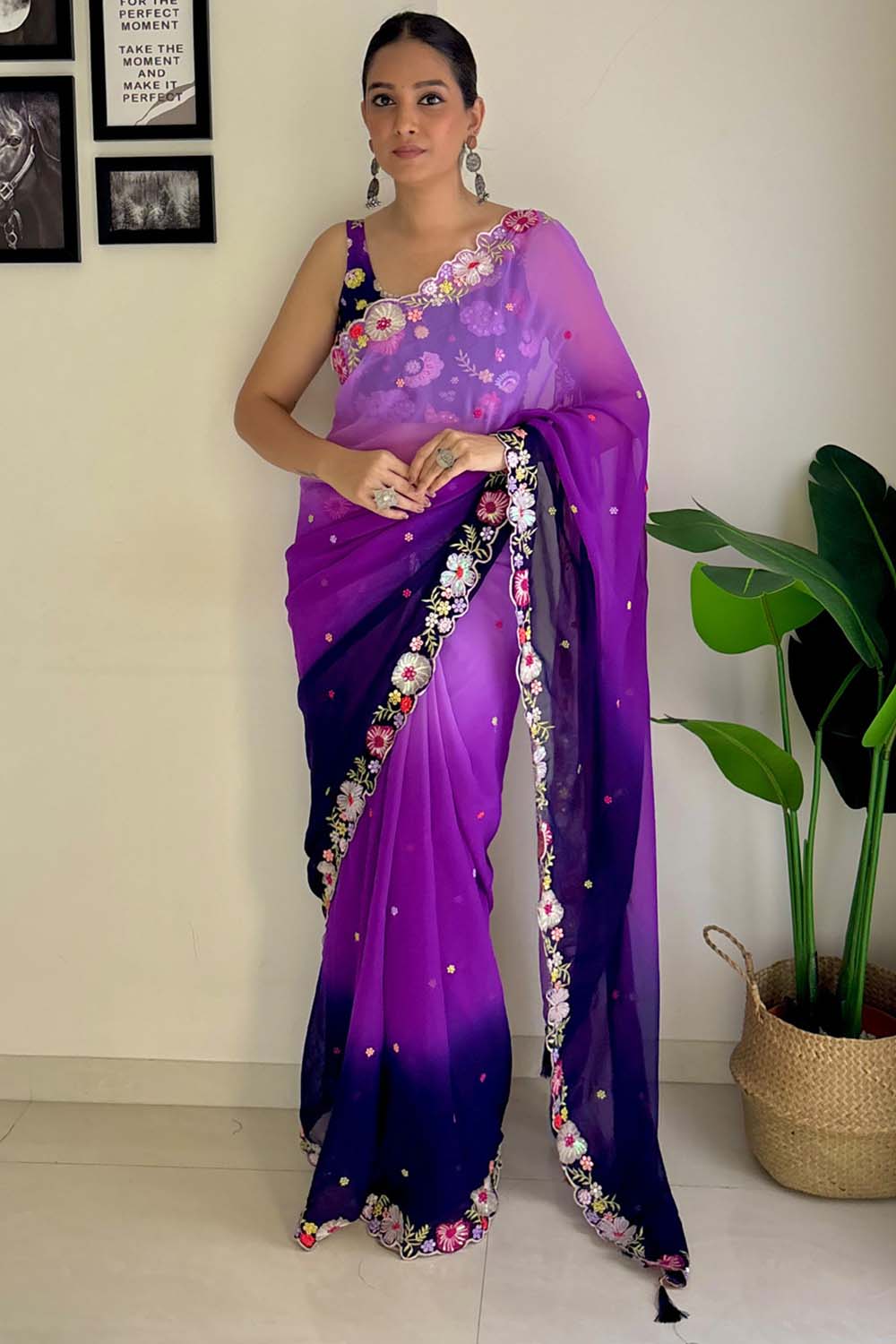 Purple Georgette Embellished Designer Saree One Minute Saree – Ready to Wear