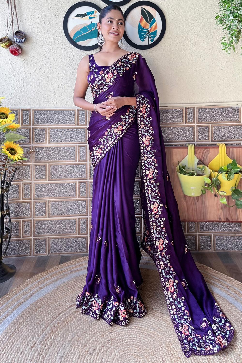 Buy Kesari Purple Chiffon Embroidered Ready to Wear One Minute Saree
