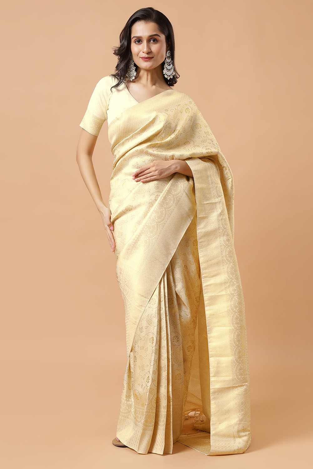 Ready to Wear Saree Kayli Cream Banarasi Floral Silk Woven Saree