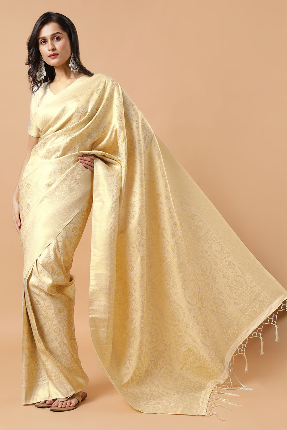 Ready to Wear Saree Kayli Cream Banarasi Floral Silk Woven Saree
