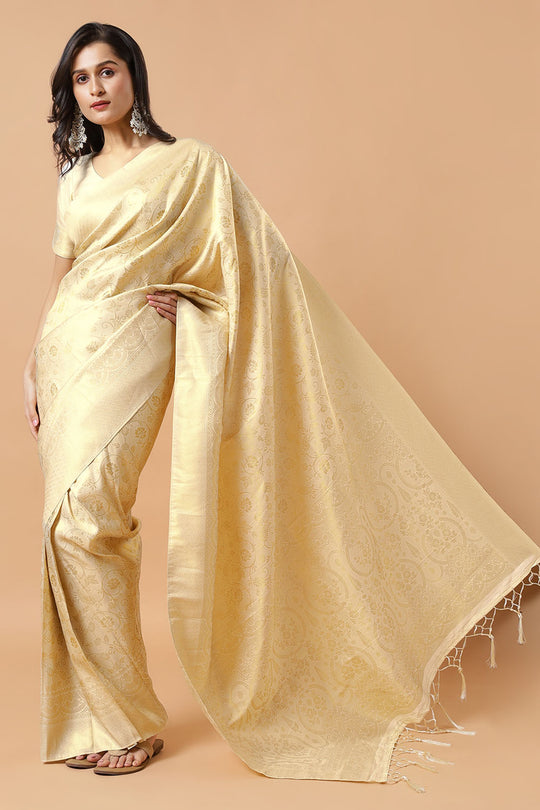 Ready to Wear Saree Kayli Cream Banarasi Floral Silk Woven Saree