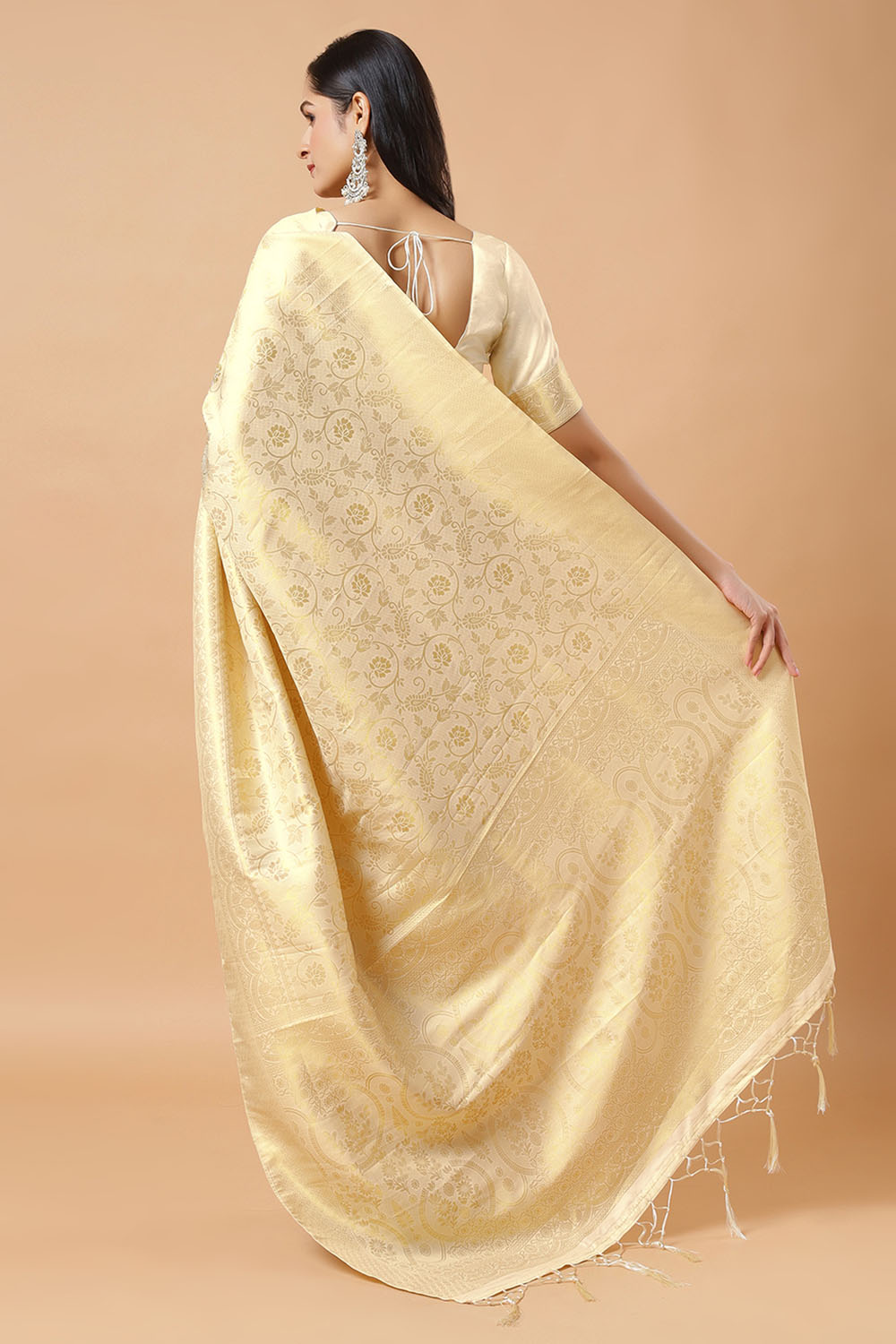 Ready to Wear Saree Kayli Cream Banarasi Floral Silk Woven Saree