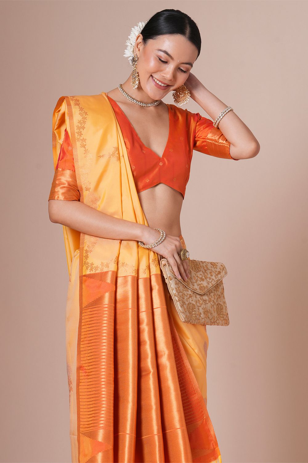 Autumn Yellow Silk Saree with Zari Work Ready To Wear One Minute Saree