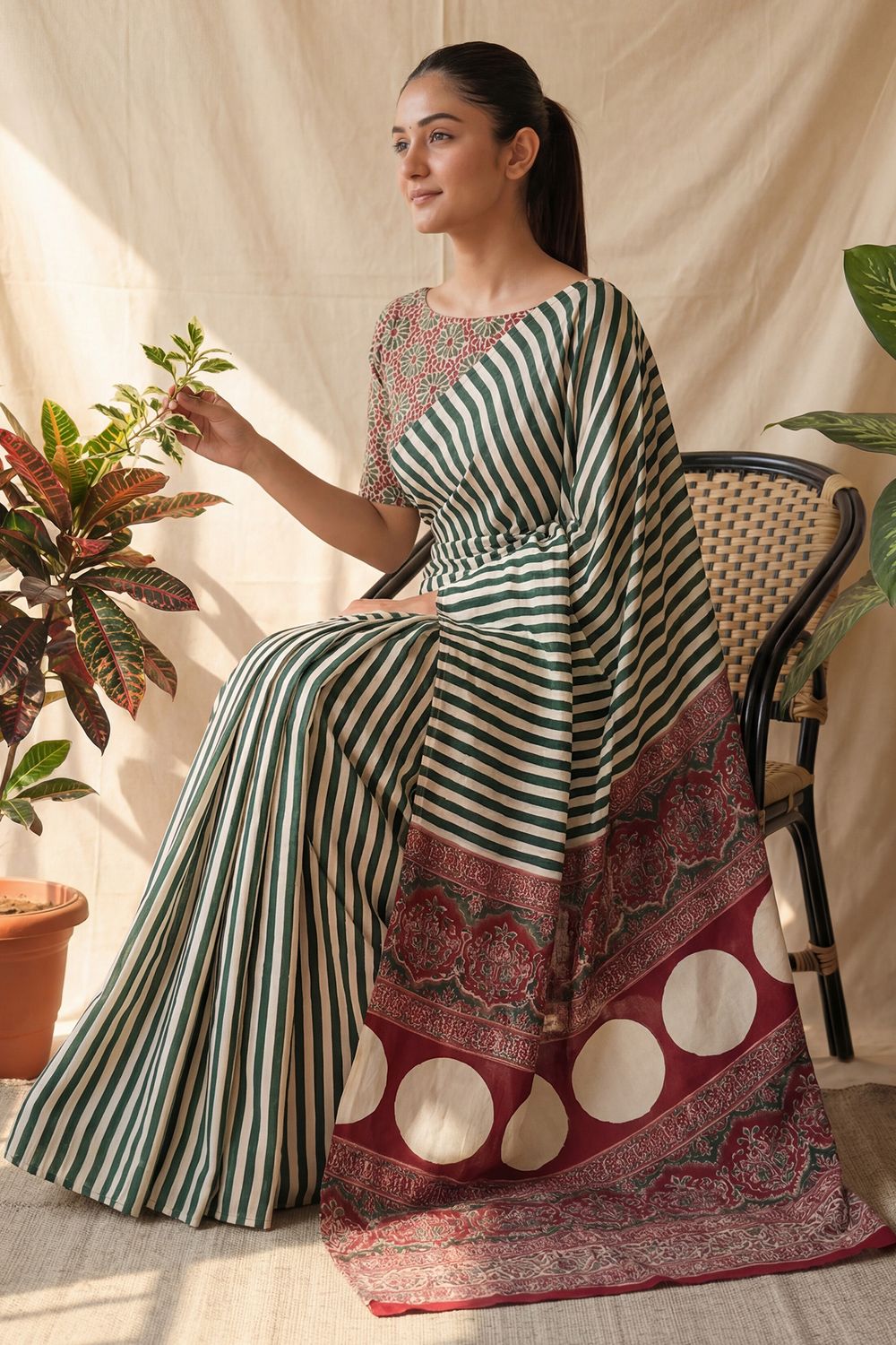Gigi Green Crepe Striped Printed Ready to Wear Saree