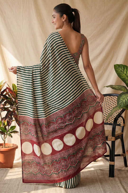 Gigi Green Crepe Striped Printed Ready to Wear Saree