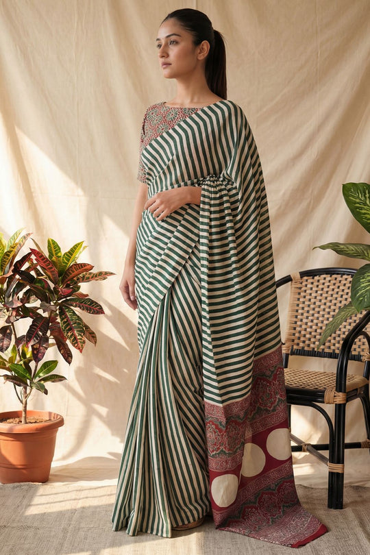 Gigi Green Crepe Striped Printed Ready to Wear Saree