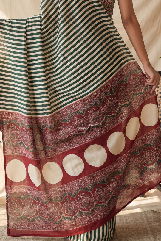 Gigi Green Crepe Striped Printed Ready to Wear Saree