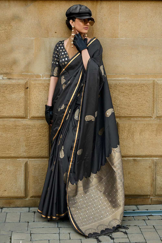 Tina Black Satin Silk Bagh Ready To Wear One Minute Saree