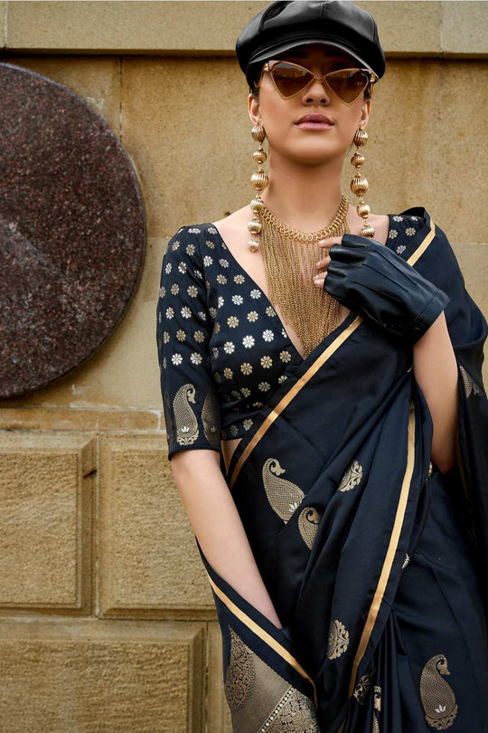 Tina Black Satin Silk Bagh Ready To Wear One Minute Saree