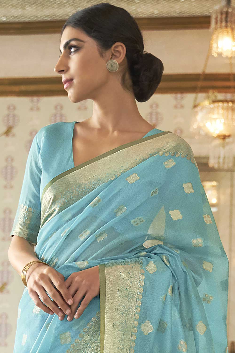 Lorna Turquoise Silk Blend Woven Ready to Wear One Minute Saree