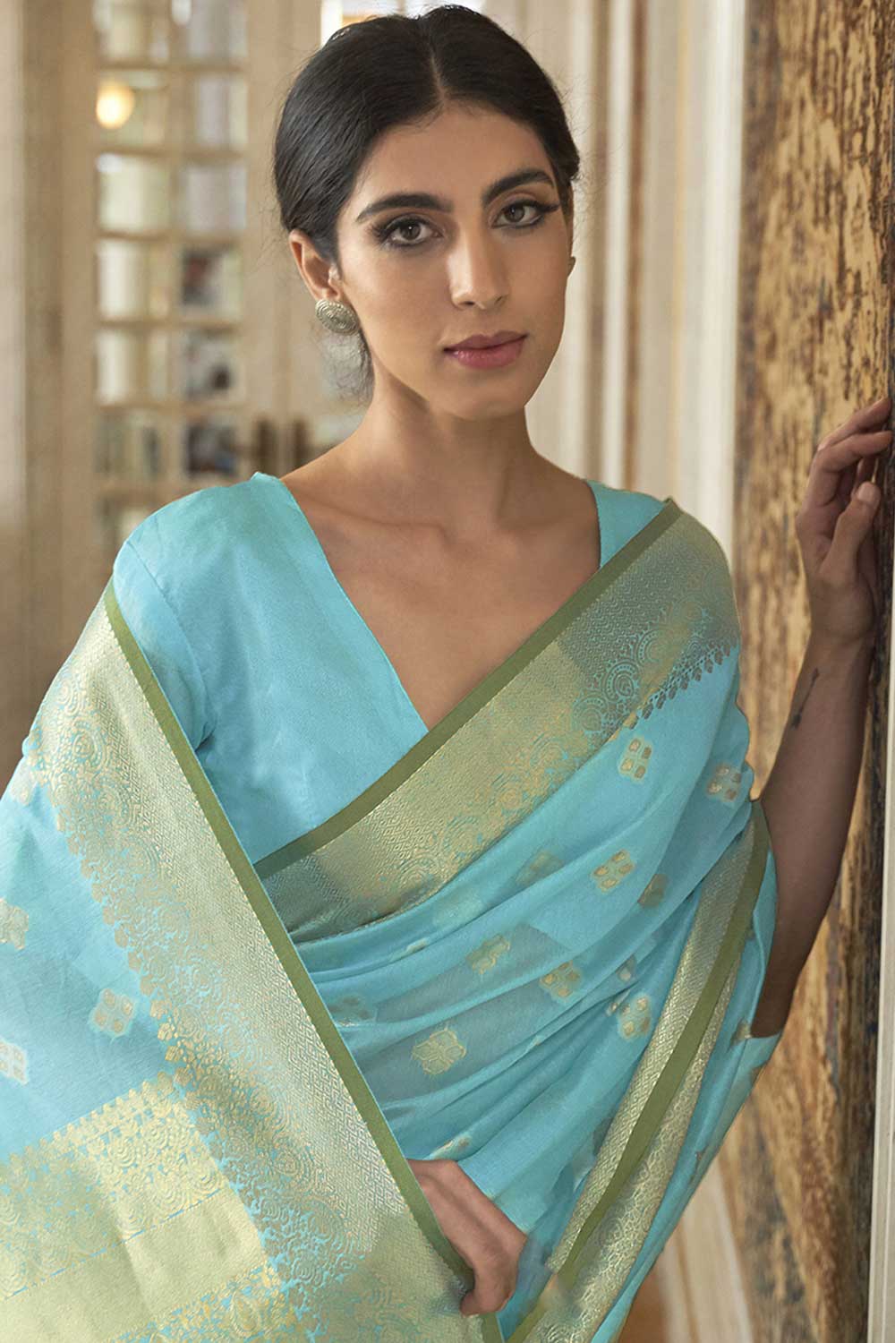 Lorna Turquoise Silk Blend Woven Ready to Wear One Minute Saree