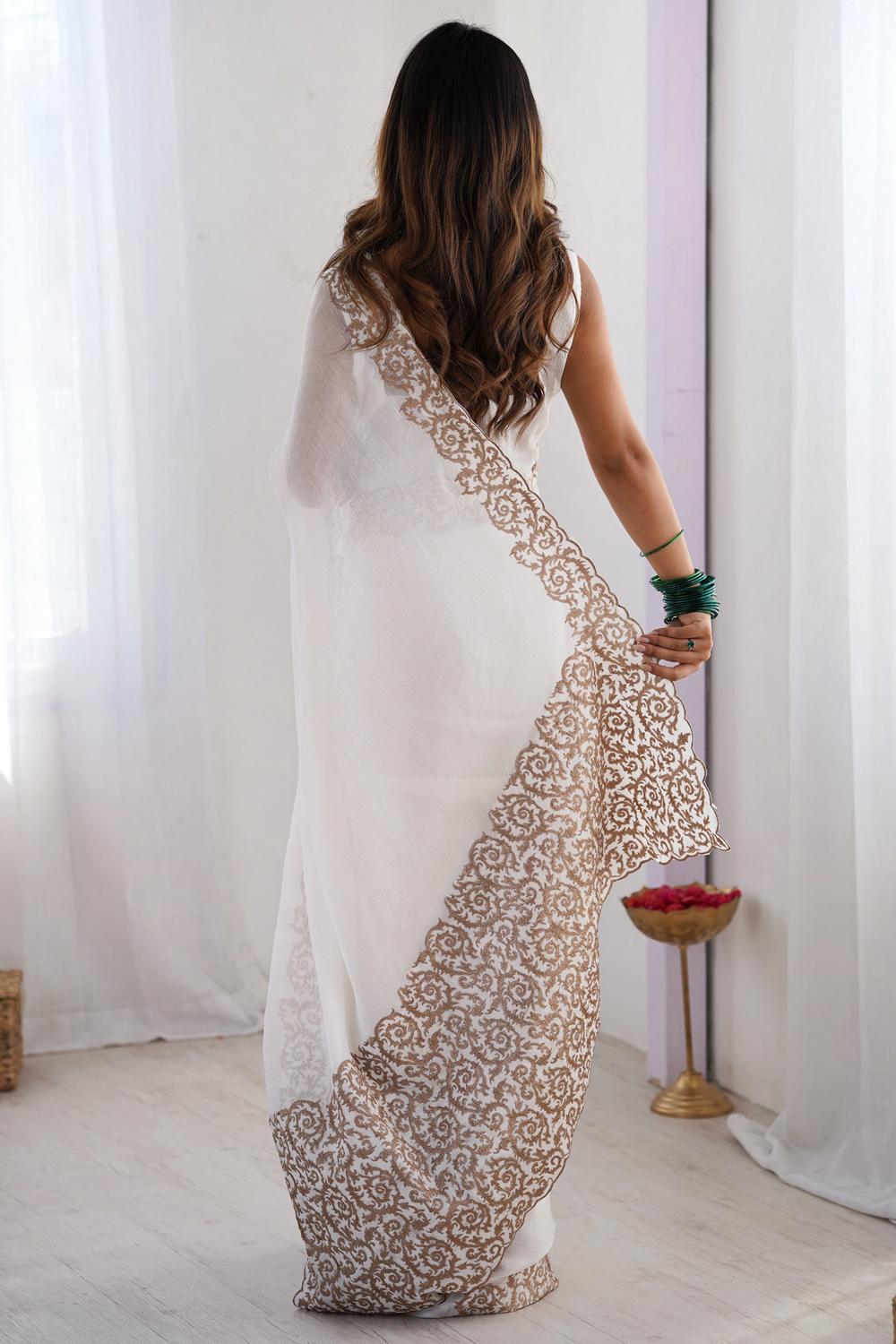 Jhumpa White Chiffon Embroidered Zari Border Ready to Wear Saree