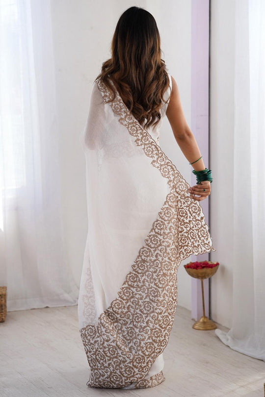 Jhumpa White Chiffon Embroidered Zari Border Ready to Wear Saree