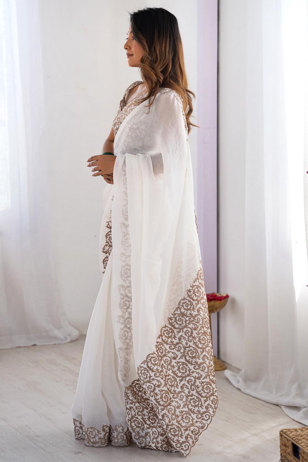 Jhumpa White Chiffon Embroidered Zari Border Ready to Wear Saree