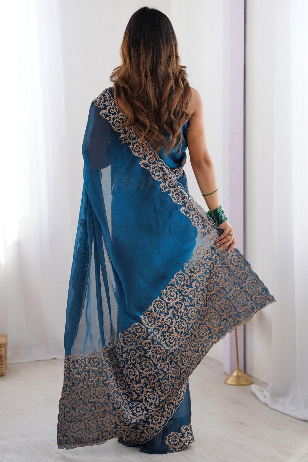 Jhumpa Teal Blue Chiffon Embroidered Zari Border Ready to Wear Saree