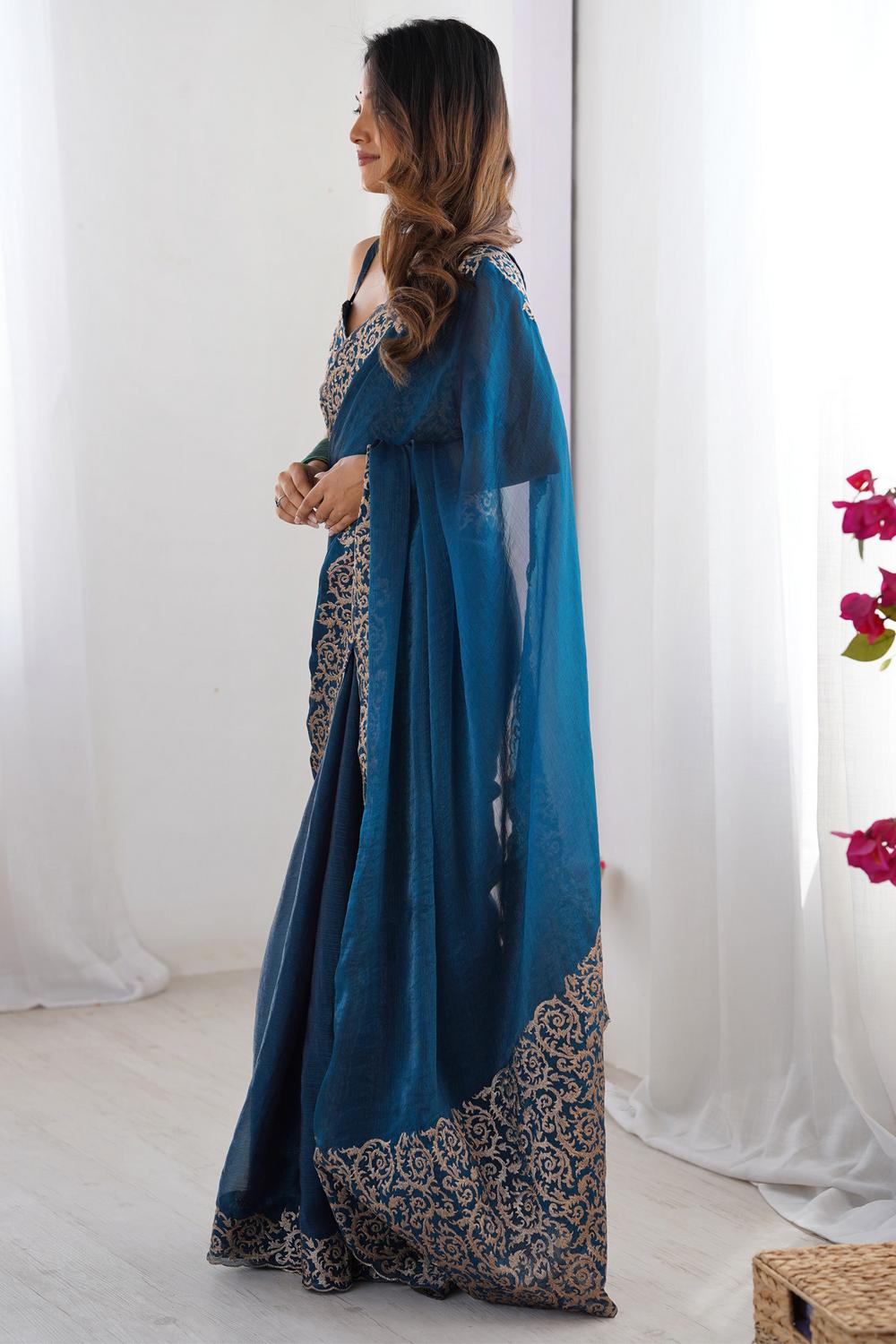 Jhumpa Teal Blue Chiffon Embroidered Zari Border Ready to Wear Saree