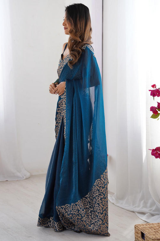 Jhumpa Teal Blue Chiffon Embroidered Zari Border Ready to Wear Saree