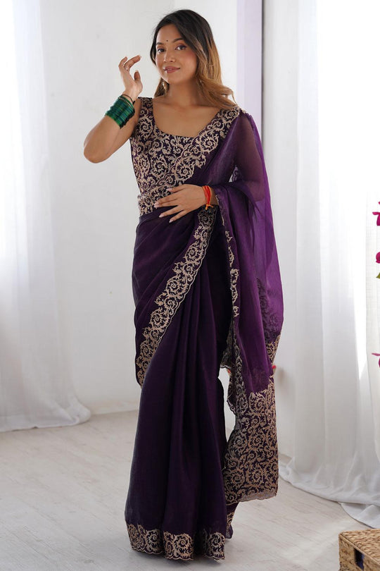 Jhumpa Purple Chiffon Embroidered Zari Border Ready to Wear Saree