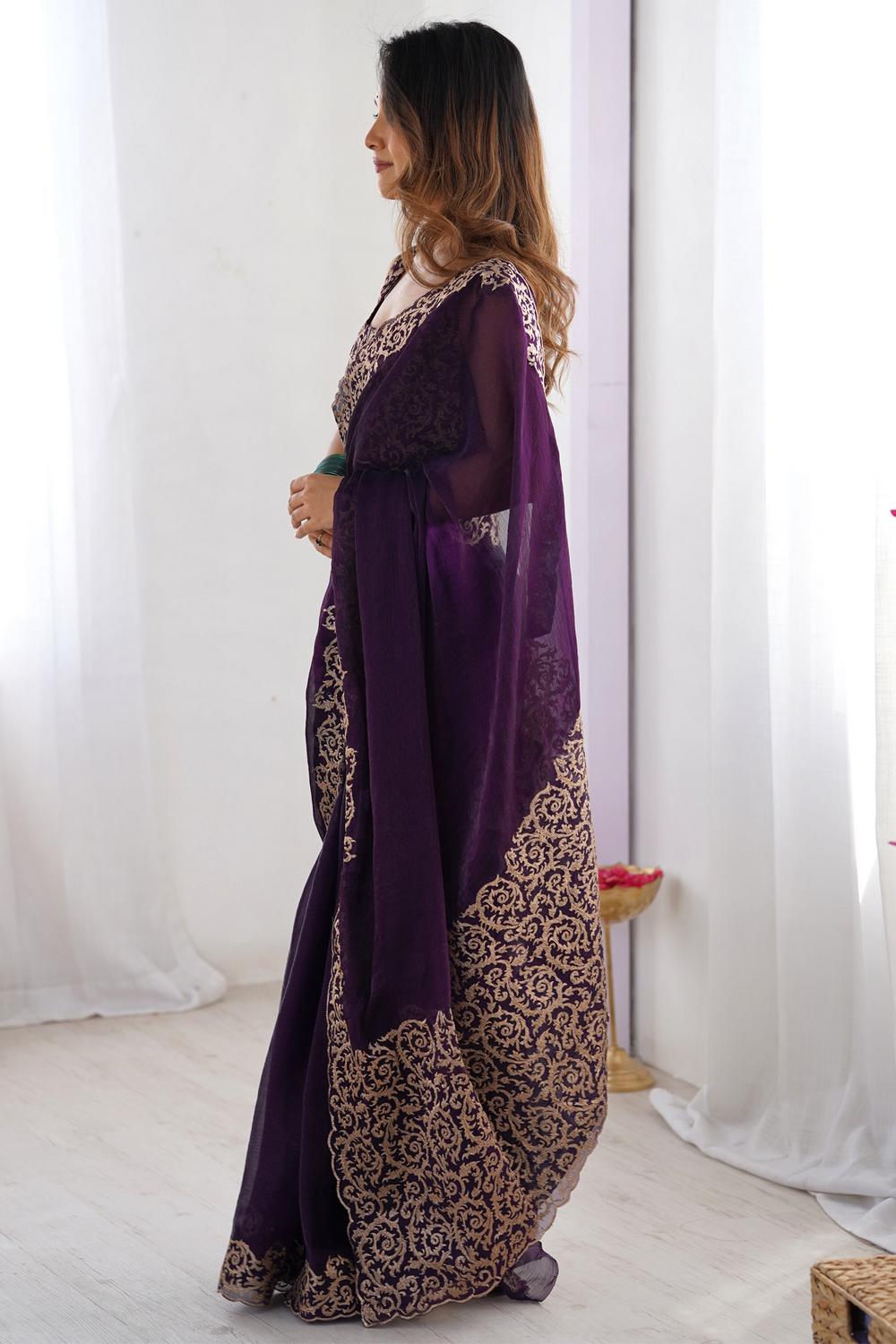 Jhumpa Purple Chiffon Embroidered Zari Border Ready to Wear Saree