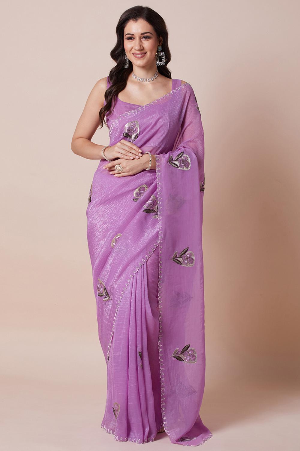 Ash Lavender Georgette Floral Embellished Ready to Wear Saree